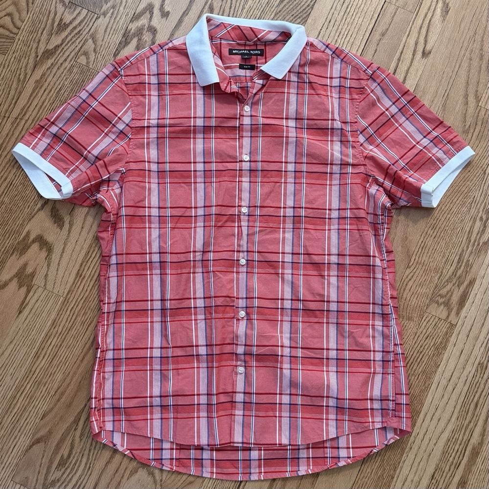 Michael Kors Slim Fit Plaid Button Shirt Mens L Coral Cotton Short Sleeve Resort
